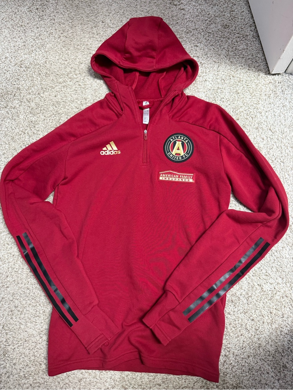 Adidas Atlanta United Red 1/4 Zip Hooded Pullover Sweatshirt